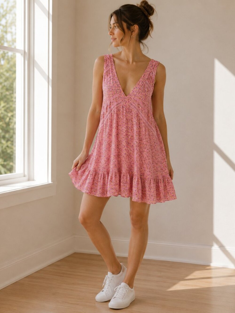 Intimately Free People Lemon Print Slip Dress Medium Pink Lace Cottagecore